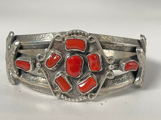 Wholesale Heavy Vintage Navajo Coral Sterling Silver Bracelet .925