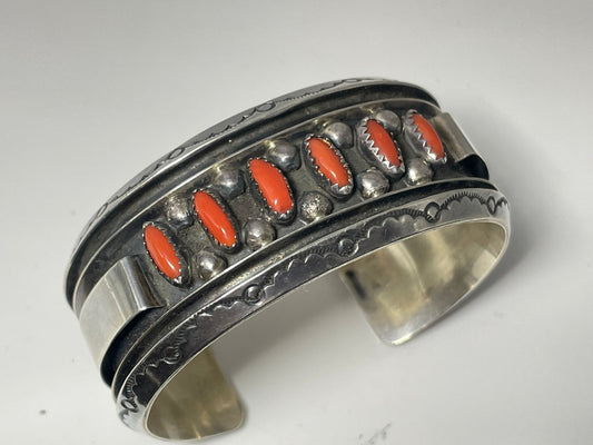 Wholesale Vintage Shadow Navajo Coral Sterling Silver Bracelet .925