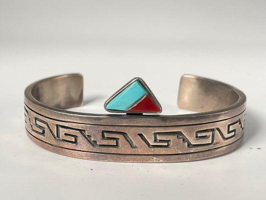 Turquoise Coral Inlay Navajo Turquoise Sterling Silver Bracelet .925