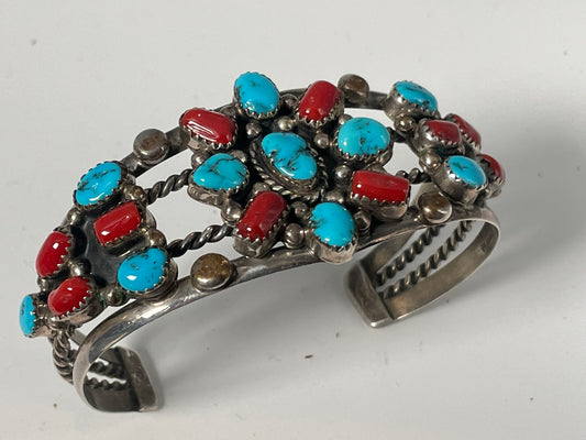 Wholesale Vintage Navajo Turquoise Coral Sterling Silver Bracelet .925