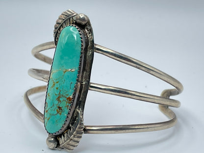 Long Turquoise Vintage Navajo Turquoise Sterling Silver Bracelet .925