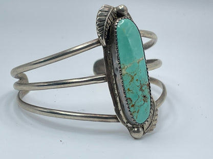 Long Turquoise Vintage Navajo Turquoise Sterling Silver Bracelet .925