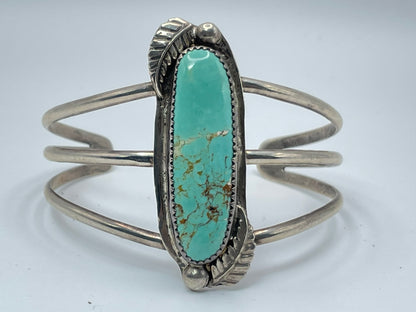 Long Turquoise Vintage Navajo Turquoise Sterling Silver Bracelet .925